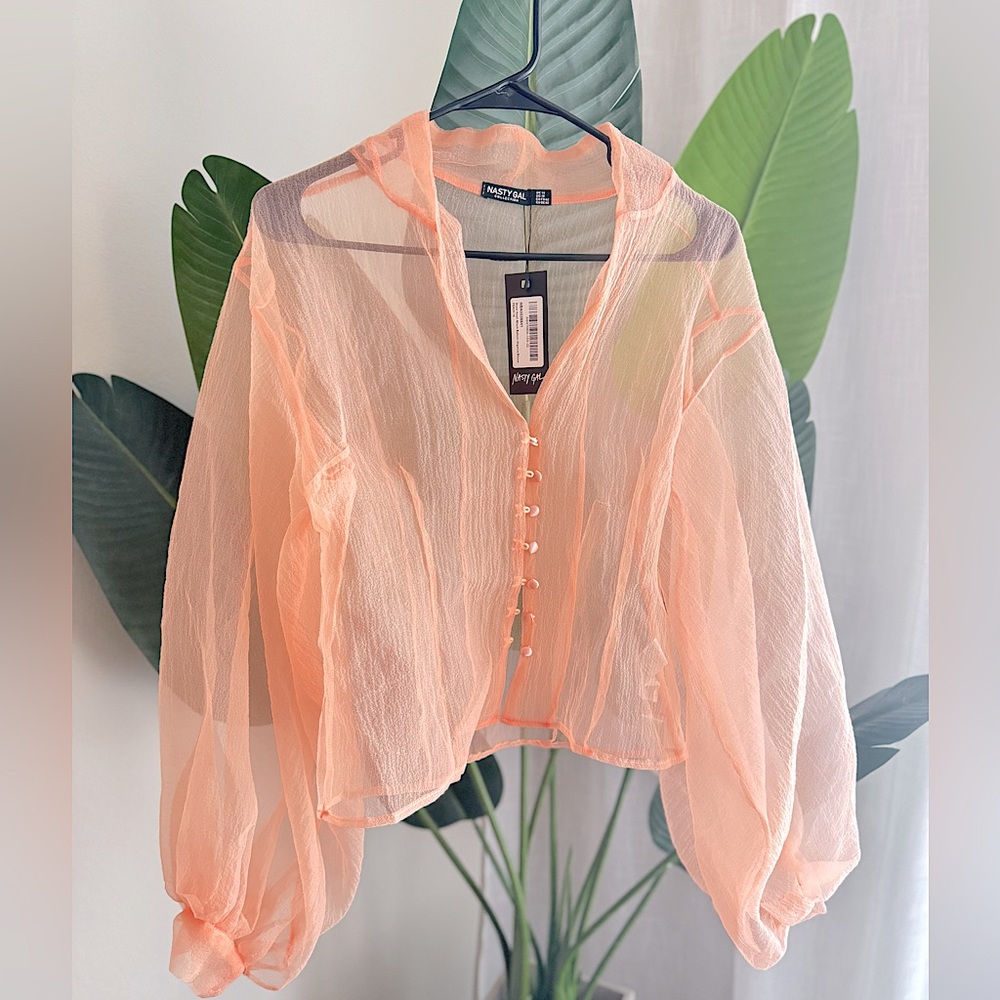 Nastygal / Pink Organza Blouse Top / Never Worn / Bell Sleeves / Button Details